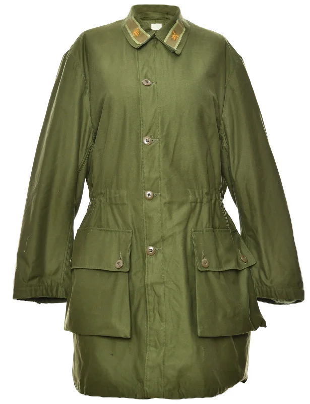 Green Faux Fur Lined Elasticated Waist Coat - L Welt Pockets Slit Pockets Flap Pockets