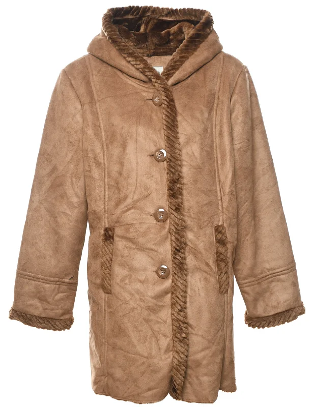 St. John Bay Hooded Brown Shearling Lined Coat - L Pleated Ruffled tiered