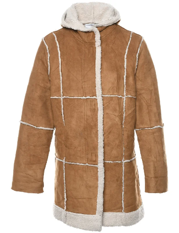Hooded Brown Coat - L Cuffed Rolled Raglan