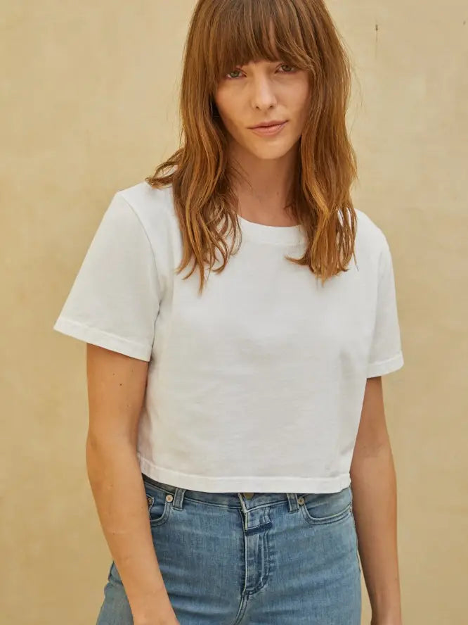 Knit Cotton Jersey Round Neck Short Sleeve Crop Top - Off White Silk Blend Satin Velvet Knit Cotton Jersey Round Neck Short Sleeve Crop Top - Off White Silk Blend Satin Velvet