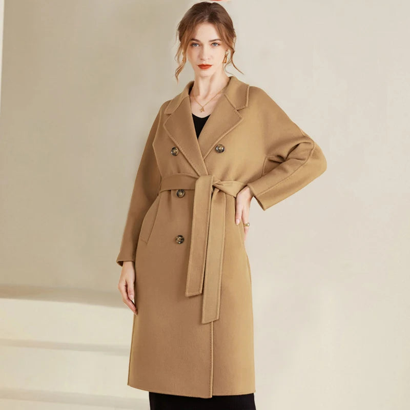 Autumn and Winter New Cashmere Coat Women's Classic Double-breasted Women's Thickened Double-sided Wool Long Coat MM Square Neck One-Shoulder Off-the-Shoulder Autumn and Winter New Cashmere Coat Women's Classic Double-breasted Women's Thickened Double-sided Wool Long Coat MM Square Neck One-Shoulder Off-the-Shoulder
