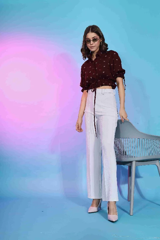 Maroon Viscose Rayon Woven  Crop Top Asymmetrical Pockets Print