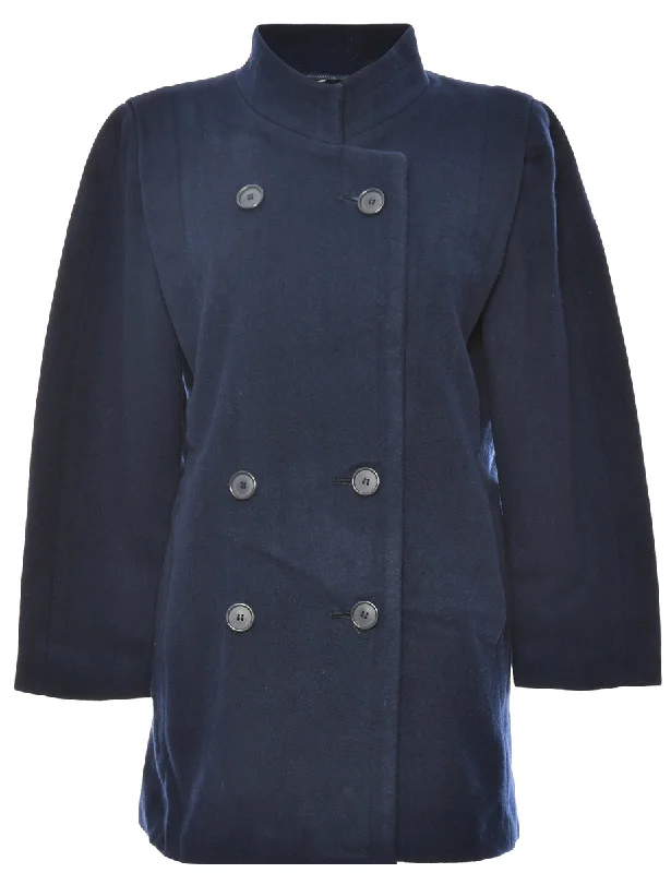 Navy London Fog Double-Breasted Coat - L Hooded Jacket Zipper Jacket Button Jacket