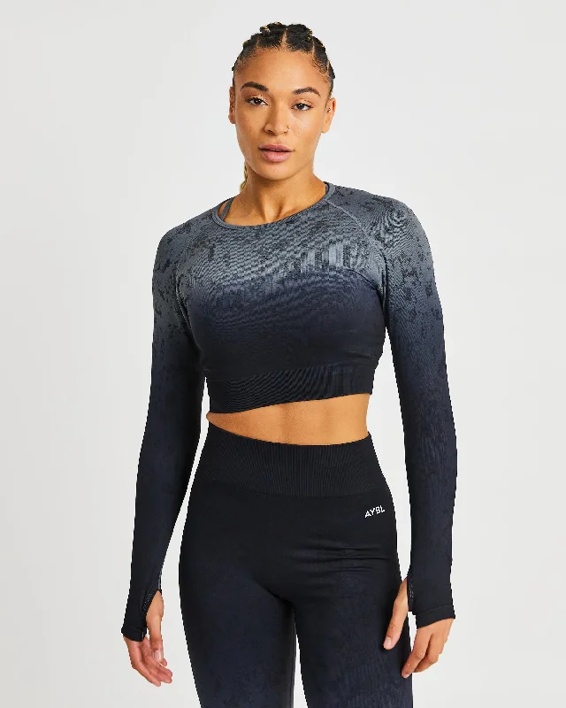 Flare Seamless Long Sleeve Crop Top - Black Sequined Glittery Shiny