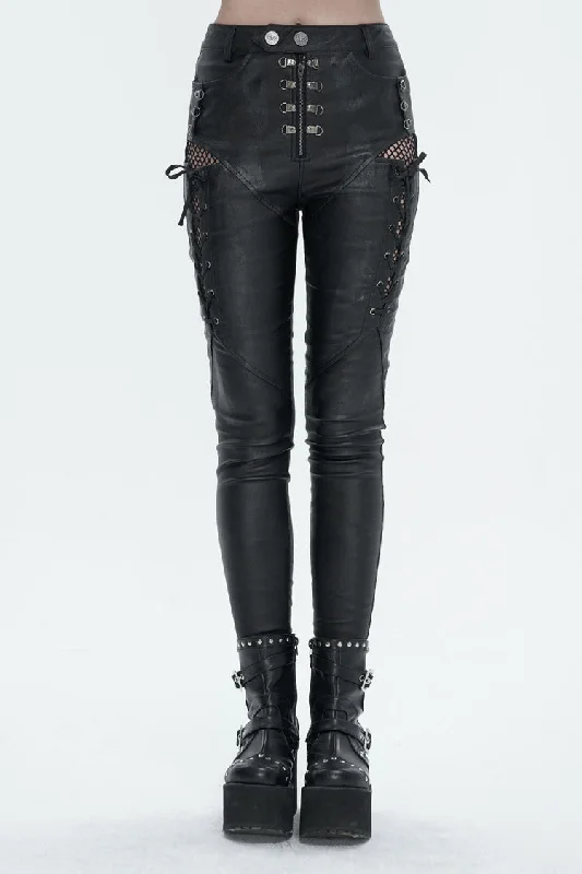 Black Stretch Faux Leather Paneled Mesh Women's Punk Trousers Trousers Party Sparkling
