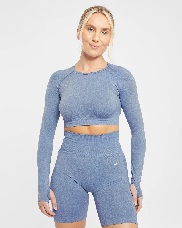 Empower Seamless Long Sleeve Crop Top - Blue Marl Chenille Blend Fleece Blend Nylon Blend