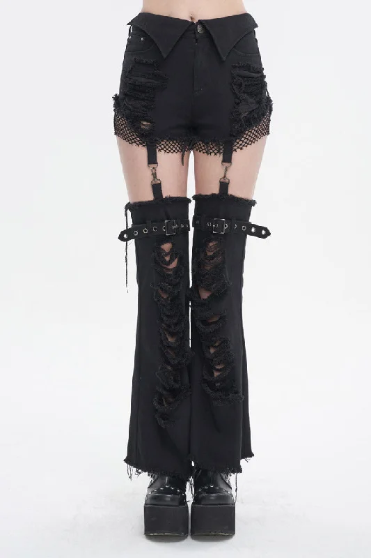 Black Segmented Splicing Old Fashioned Holes Flared Women's Punk Trouser Trousers Office Stylish