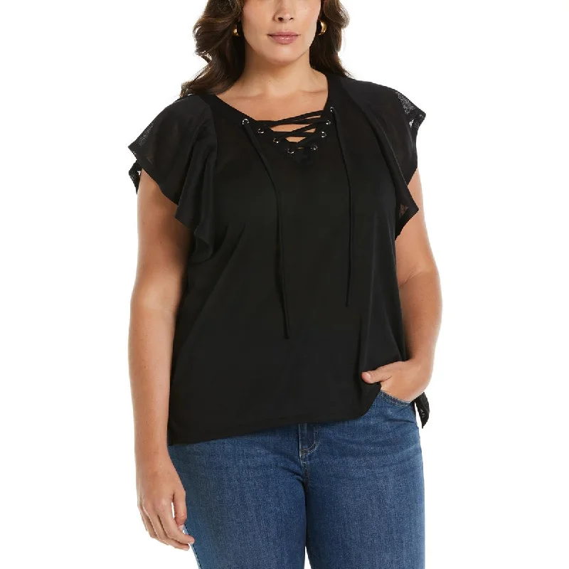 Rafaella Womens Plus    Lace-Up Casual Pullover Top Honey Neck Pullover