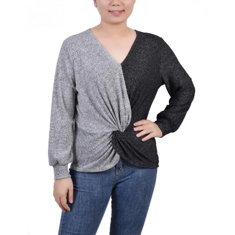 NY Collection Womens Petites Colorblock Pullover Top Ruffle Neck Pullover
