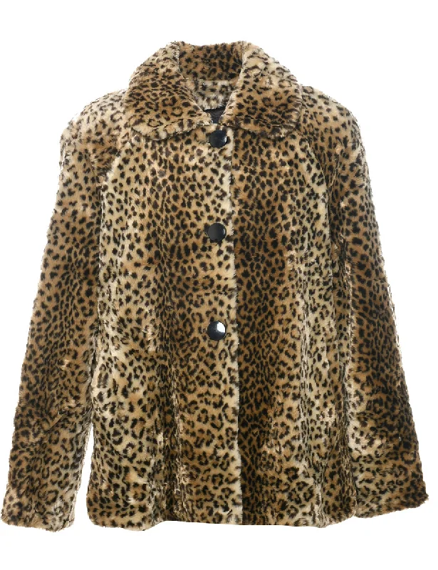 Leopard Print Faux Fur Coat - L Welt Pockets Slit Pockets Flap Pockets