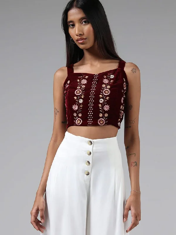 Bombay Paisley Maroon Floral Embroidered Velvet Crop Top Collared Crop Top Boat Neck A-Line Bombay Paisley Maroon Floral Embroidered Velvet Crop Top Collared Crop Top Boat Neck A-Line