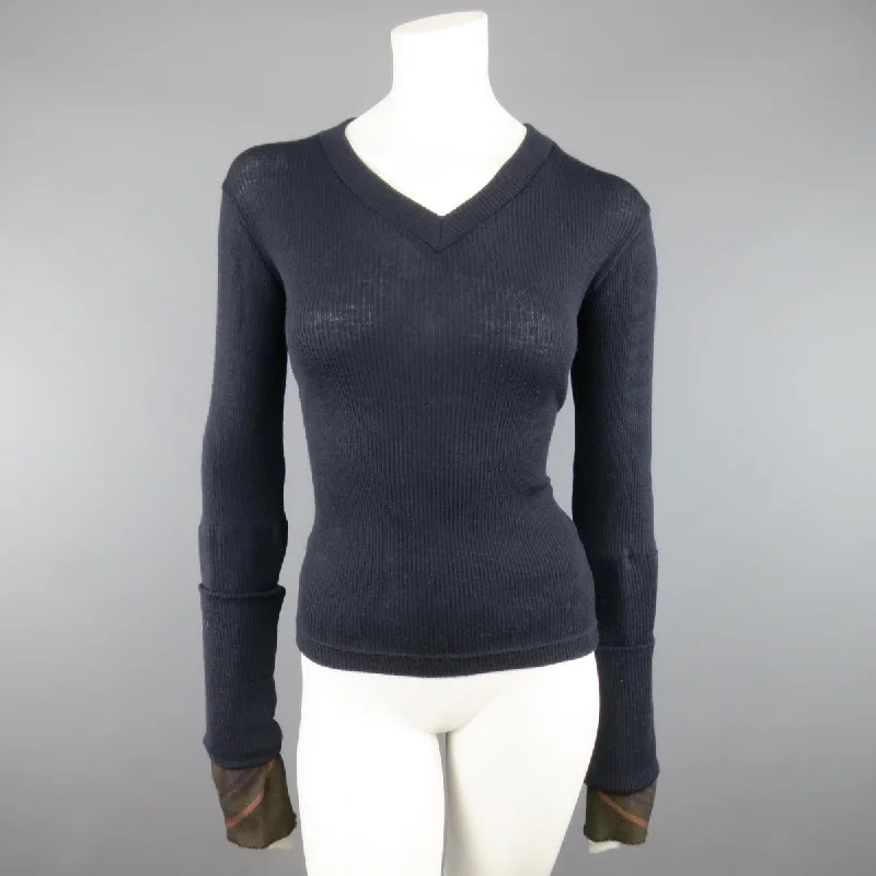 Y's by YOHJI YAMAMOTO Size M Navy Ribbed Wool Extended Plaid Sleeve Pullover Over Sleeve Pullover Y's by YOHJI YAMAMOTO Size M Navy Ribbed Wool Extended Plaid Sleeve Pullover Over Sleeve Pullover