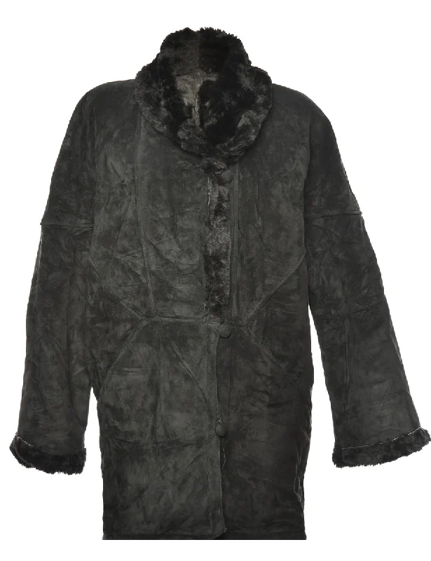 Shearling Lined Black Suede Coat - XL Cuffed Rolled Raglan