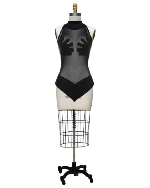 Digits- the Hand Support Sheer Bodysuit or Crop Top Asymmetrical Pockets Print