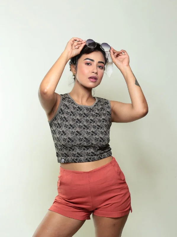 Checkered GOTS Certified Organic Cotton Crop Top Graphic Embroidered Appliqued