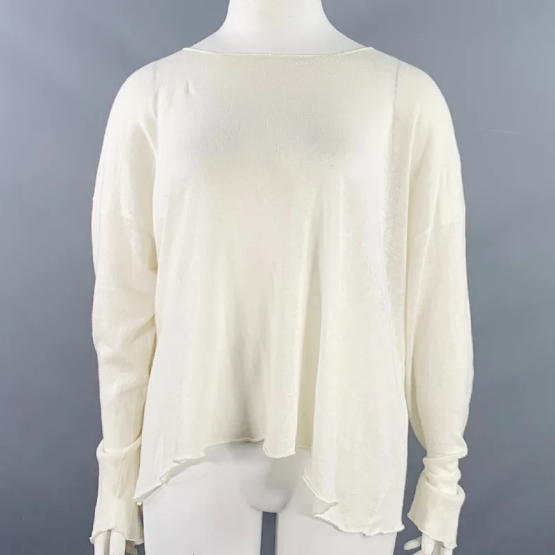 ESKANDAR Size L Cream Linen Cotton Knit Oversized Pullover Notched Neck Pullover