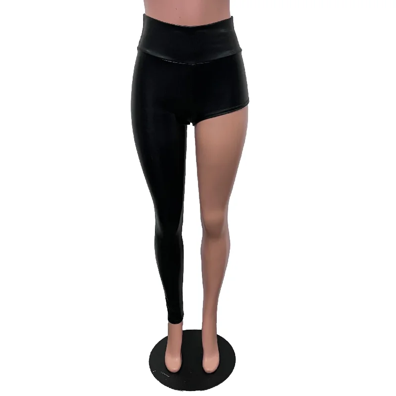 Metallic Black Faux Leather One-Leg Leggings Pants Stylish Camo Print Leggings