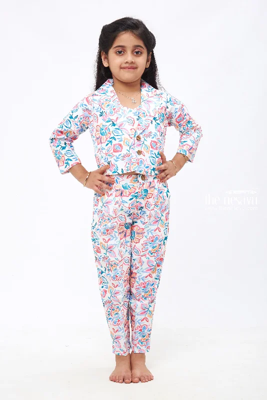 Blossom Parade: Girls Floral Crop Top Overcoat & Pant Set Lace Blend Ribbed Blend Corduroy Blend Blossom Parade: Girls Floral Crop Top Overcoat & Pant Set Lace Blend Ribbed Blend Corduroy Blend