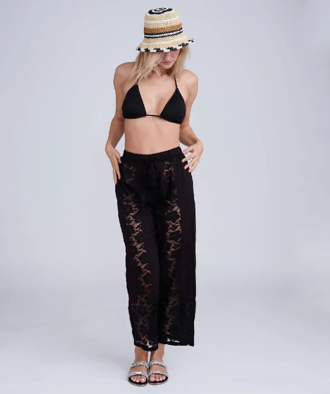 Black Beach Trousers with Lace Panel Front and Tassel Tie Trousers Trousers Formal