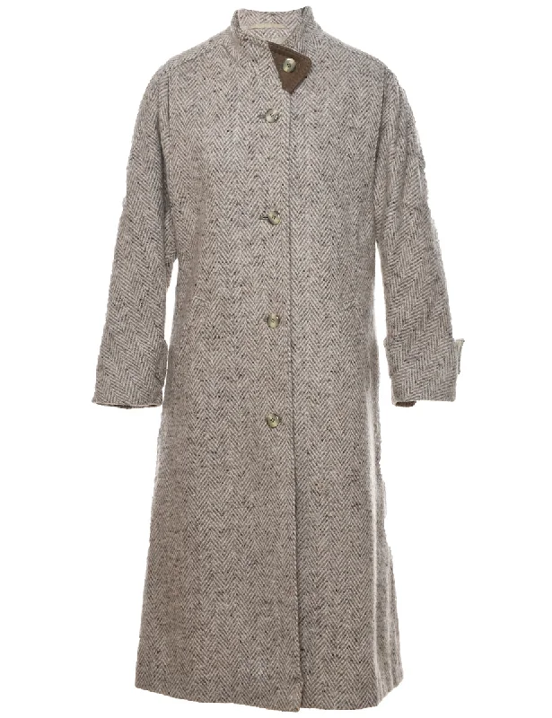 Herringbone Tweed Wool Coat - L Herringbone Houndstooth Plaid