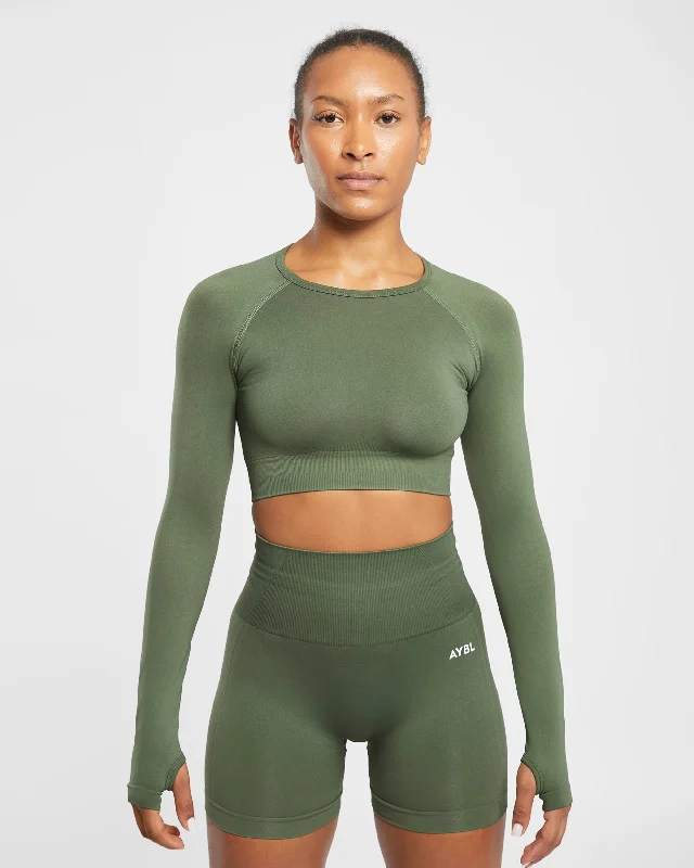 Empower Seamless Long Sleeve Crop Top - Khaki Green Spandex Blend Rayon Blend Denim Blend Empower Seamless Long Sleeve Crop Top - Khaki Green Spandex Blend Rayon Blend Denim Blend