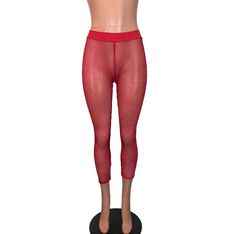 Red Fishnet Low Waist Leggings Pants Elegant Embellished Leggings