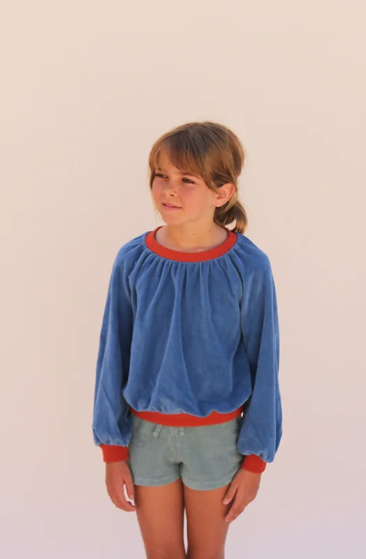 25111 Soft Velour Sweatshirt - Blue Red Hoodie with Hem Contrast Bold Stylish