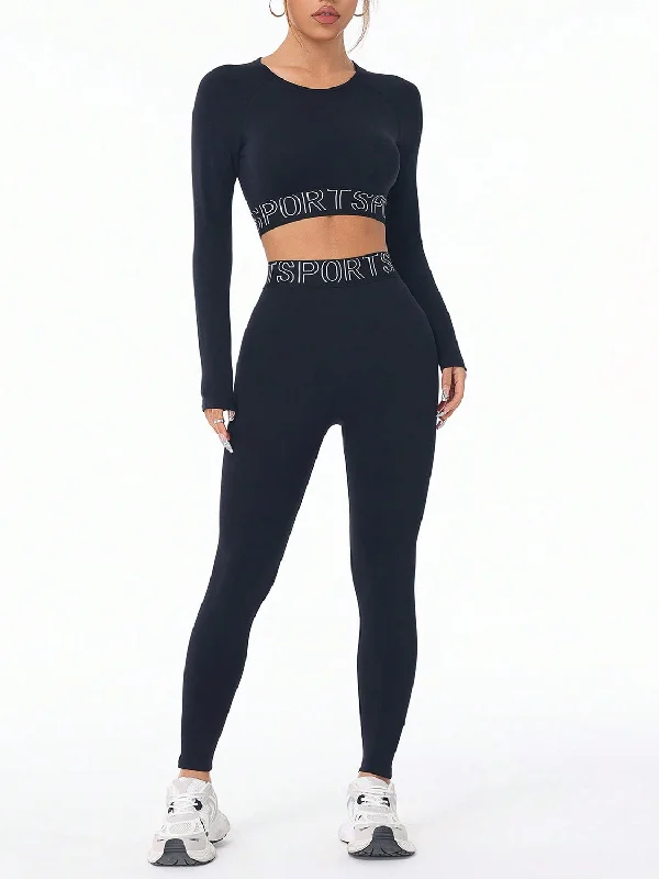 Letter Print Round Neck Long Sleeve Top and Leggings Active Set Cozy Reflective Detail Leggings Letter Print Round Neck Long Sleeve Top and Leggings Active Set Cozy Reflective Detail Leggings