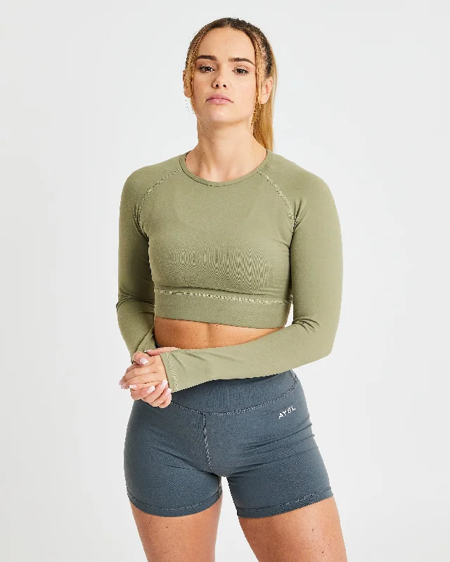 Core Long Sleeve Crop Top - Olive Asymmetrical Pockets Print