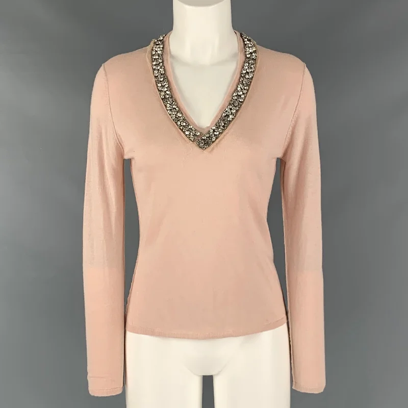 ROBERTO CAVALLI Size M Pink Cashmere Silk Rhinestones V-Neck Pullover Chunky Knit Pullover ROBERTO CAVALLI Size M Pink Cashmere Silk Rhinestones V-Neck Pullover Chunky Knit Pullover