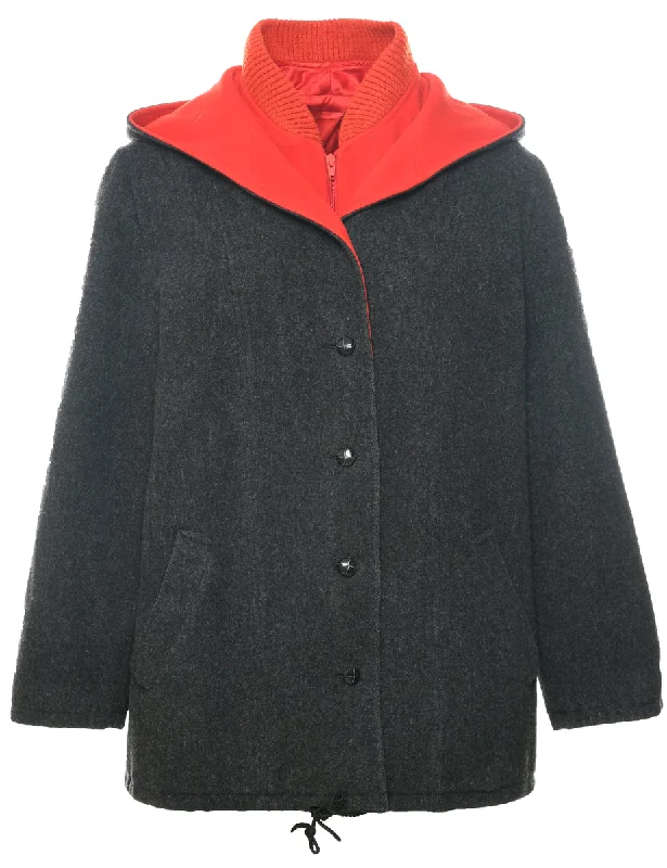 Hooded Wool Coat - L Striped Polka Dot Solid