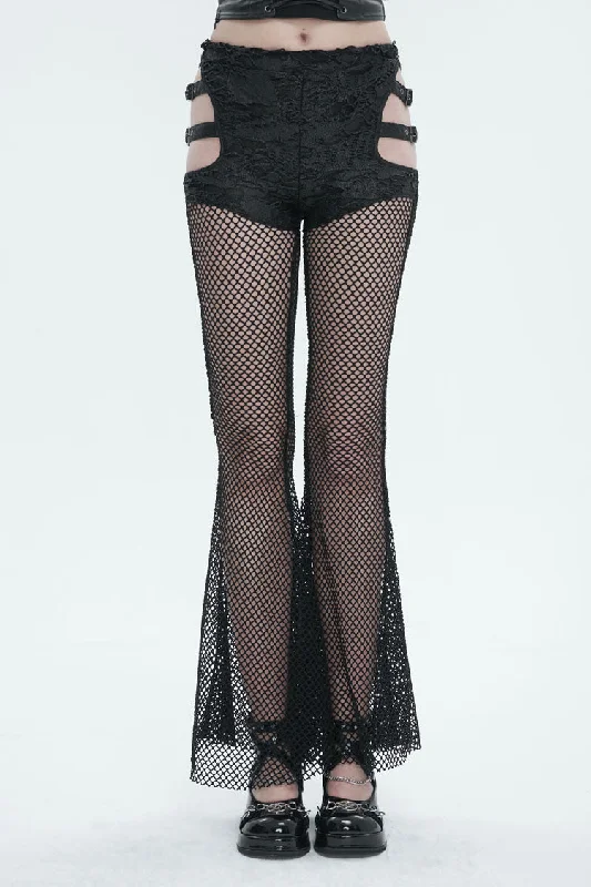 Black Stretch Knit Panel Mesh Cutout Flare Women's Gothic Trousers Trousers Wedding White