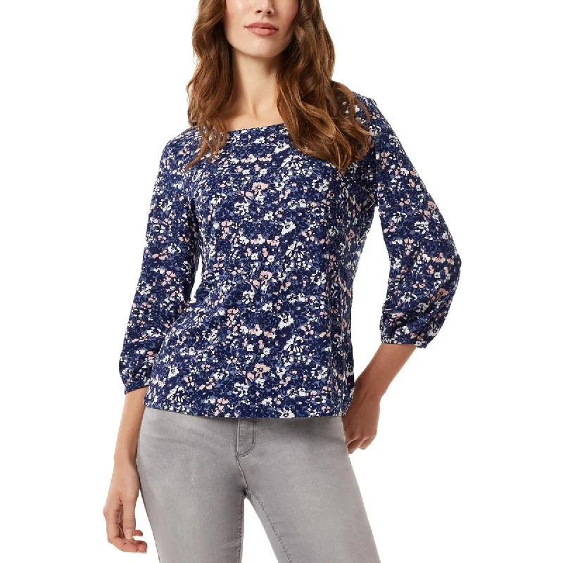 Jones New York Womens Floral Print Knit Pullover Top Port Neck Pullover