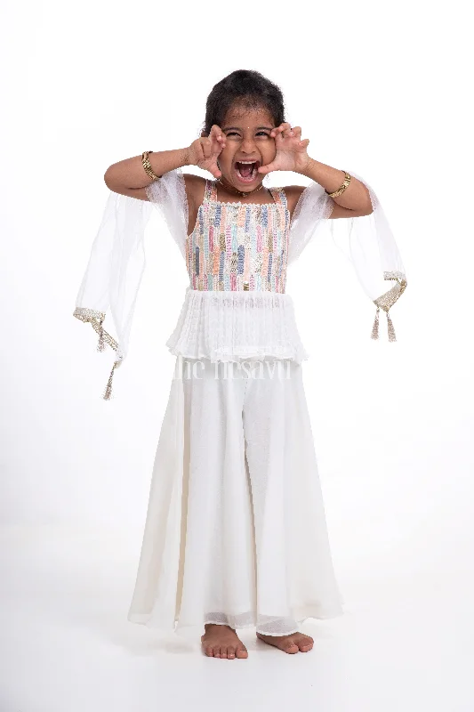 Cream Crop Top with Plazzo Set for Girls - Designer Embroidered Peplum Blouse & Crush Pleated Pants Knit Fabric Woven Fabric Fleece Fabric Cream Crop Top with Plazzo Set for Girls - Designer Embroidered Peplum Blouse & Crush Pleated Pants Knit Fabric Woven Fabric Fleece Fabric