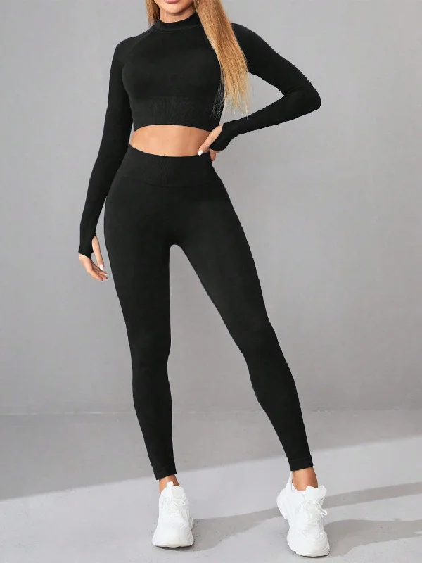 Mock Neck Long Sleeve Top and Leggings Active Set Trendy Sporty Compression Leggings Mock Neck Long Sleeve Top and Leggings Active Set Trendy Sporty Compression Leggings