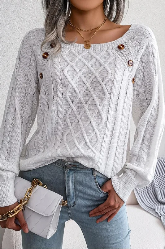 CABLE KNIT BUTTON DETAILED PULLOVER SWEATER Saggy Sleeve Comfort