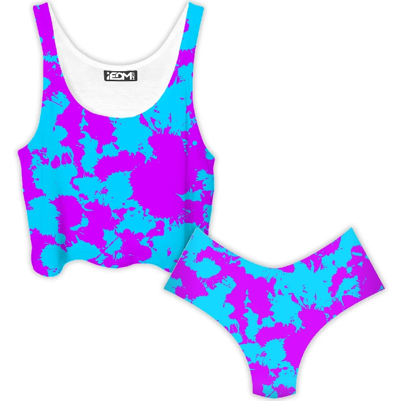 Blue and Purple Paint Splatter Crop Top and Booty Shorts Combo Mesh Blend Leather Blend Suede Blend Blue and Purple Paint Splatter Crop Top and Booty Shorts Combo Mesh Blend Leather Blend Suede Blend