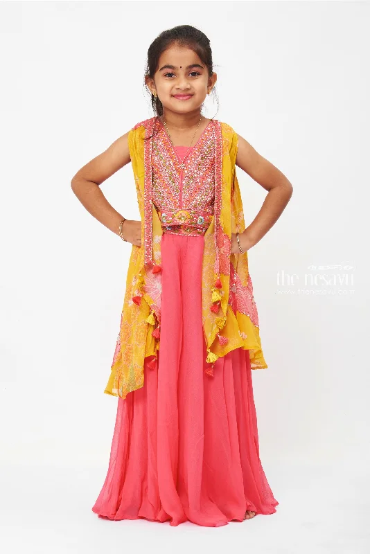 Girls Elegant Crop Top and Palazzo Pant with Flowy Overcoat Set Cashmere Blend Cotton Blend Poly Blend Girls Elegant Crop Top and Palazzo Pant with Flowy Overcoat Set Cashmere Blend Cotton Blend Poly Blend