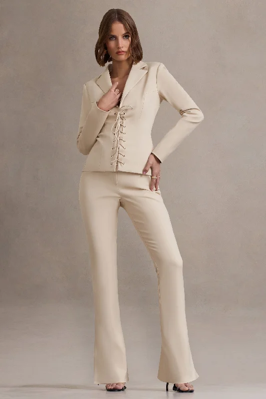Brianca | Stone High-Waisted Split Wide-Leg Trousers Trousers trendy modern
