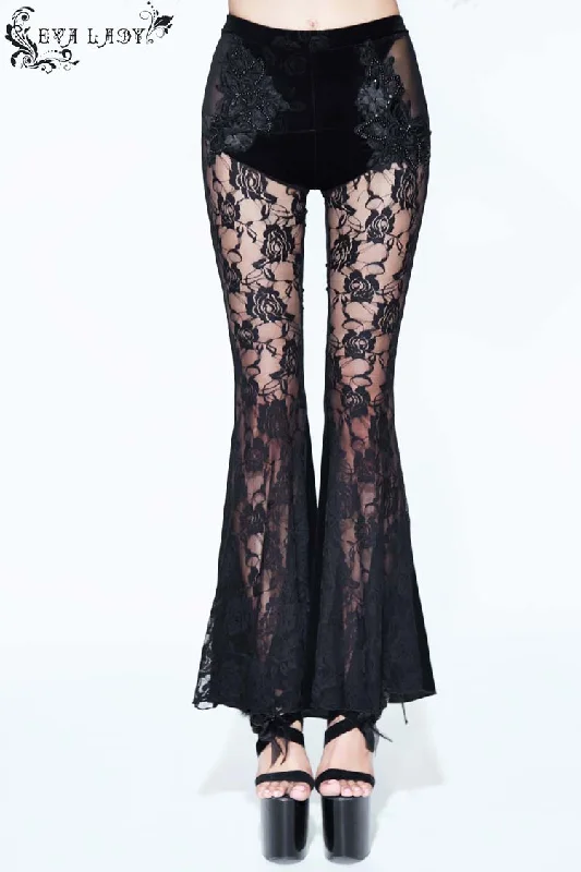 Black Side Bead Chain Flowers Splice Rose Pattern Lace Embossed Women's Gothic Knitted Flare Trousers Trousers Prom Sequined