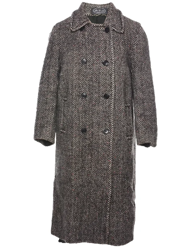 Herringbone Tweed Wool Coat - L Satin Silk Chiffon