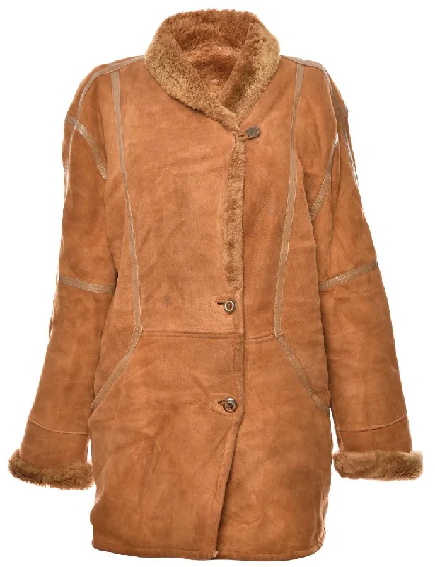 Shearling Lined Suede Brown Coat - M empire Basque Peplum
