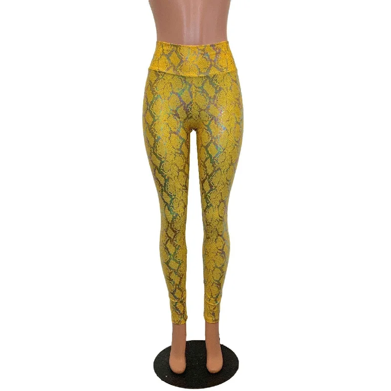 High Waist Leggings - Yellow Snakeskin Holographic Comfortable Classic Yoga Leggings High Waist Leggings - Yellow Snakeskin Holographic Comfortable Classic Yoga Leggings