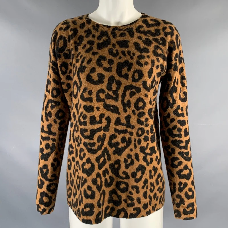 SAKS FIFTH AVENUE Size S Brown Black Cashmere Animal Print Pullover Fitted Ribbed Sweater SAKS FIFTH AVENUE Size S Brown Black Cashmere Animal Print Pullover Fitted Ribbed Sweater