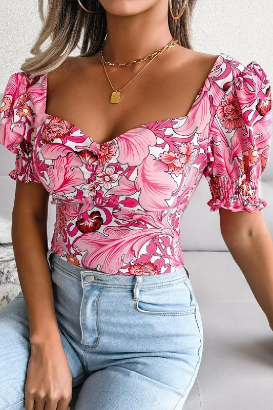 WOMEN SEXY SQUARE NECK FLORAL CROP TOP Satin Blend Silk Blend Wool Blend