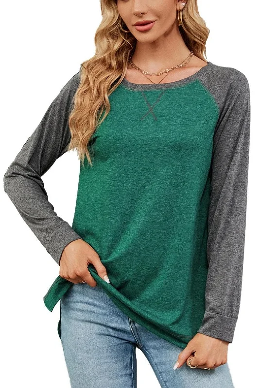 WOMEN X STITCHED COLOR BLOCK SLEEVE BASIC PULLOVER Box Sleeve Comfort