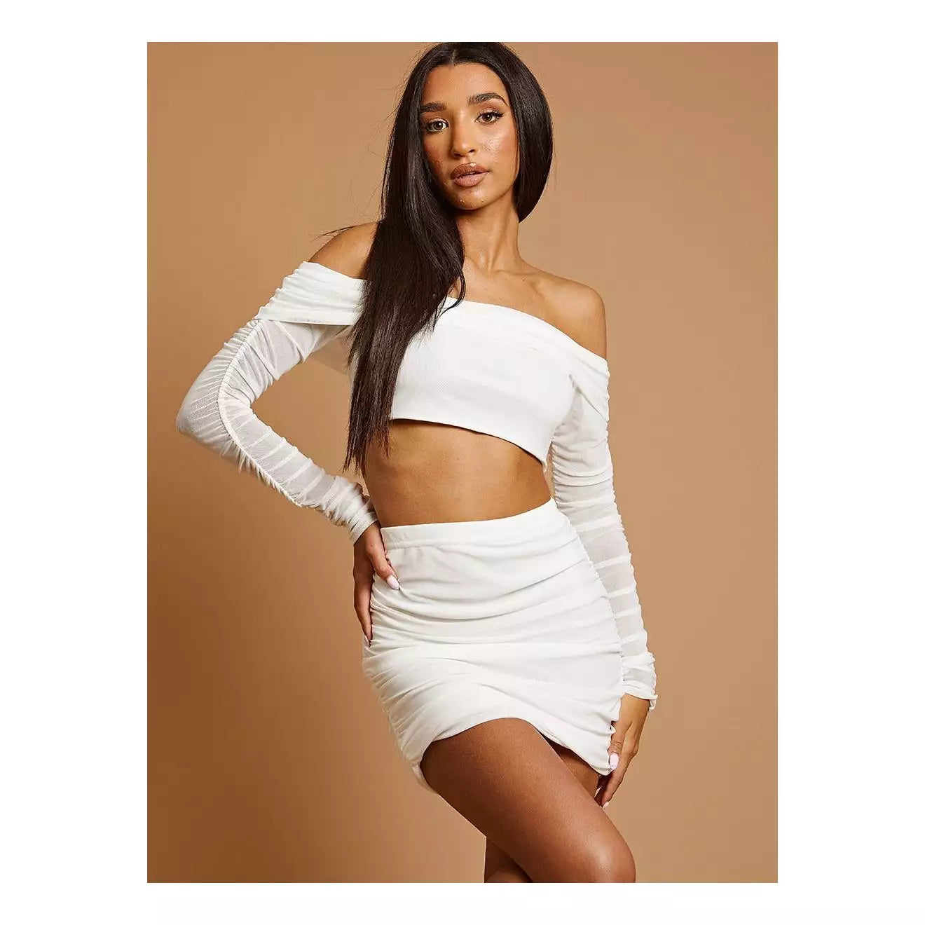 Ruched Mesh Bardot Cream Crop Top & Skirt Co-ord 0601 Silk Blend Satin Velvet
