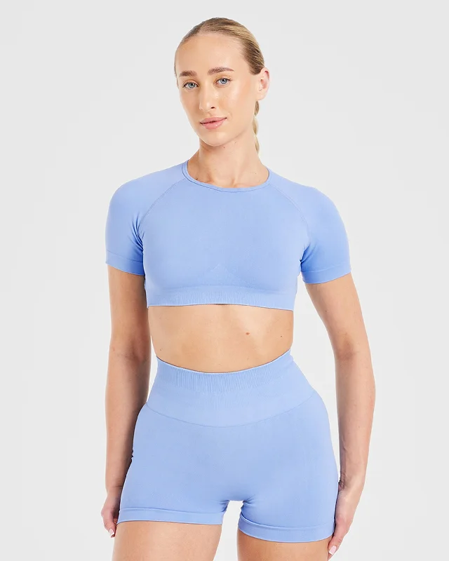 Power Seamless Crop Top - Blue Mesh Canvas Denim