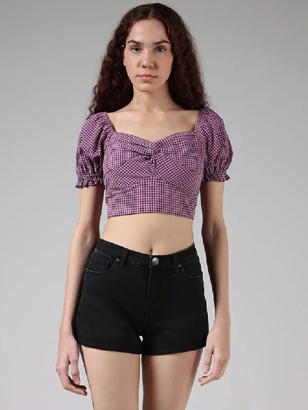 Nuon Orchid Checked Crop Top Front Pockets Side Pockets Patch Pockets