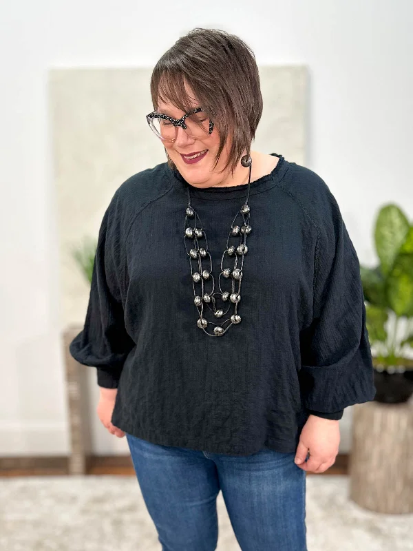 Baseball Pullover, Black Solid Flannel Plunging Neck Pullover